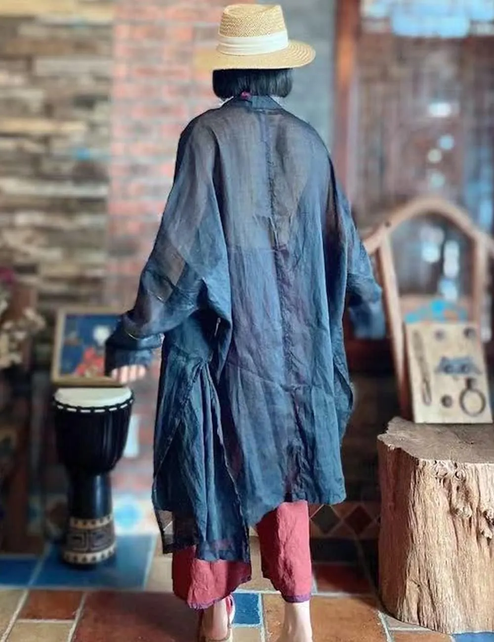 NFYM Women's Long Jacket Thin Kimono Vintage Chinese Frog Button Cape Trench Pockets Linen Blouse Loose Long Shirt Dresses