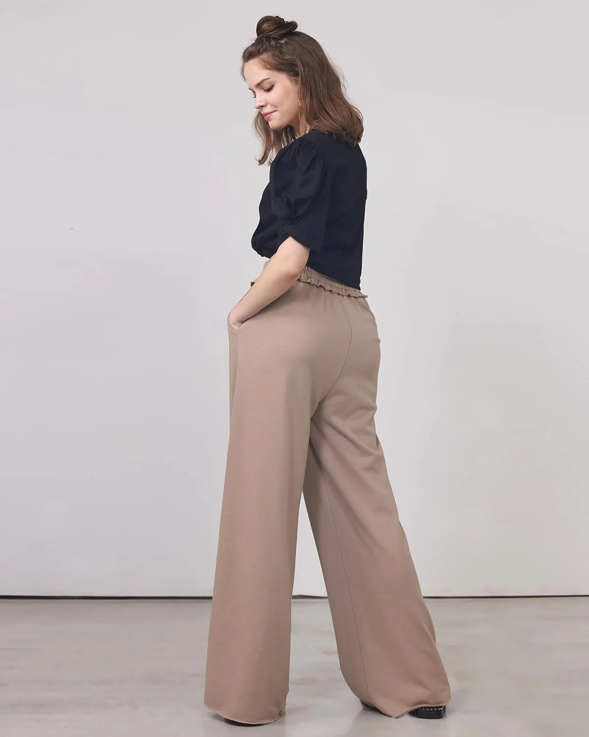 noflik Women's Skin-Friendly Cotton Elastic High Waisted Drawstring Wide Leg Fray Hem Sweatpants