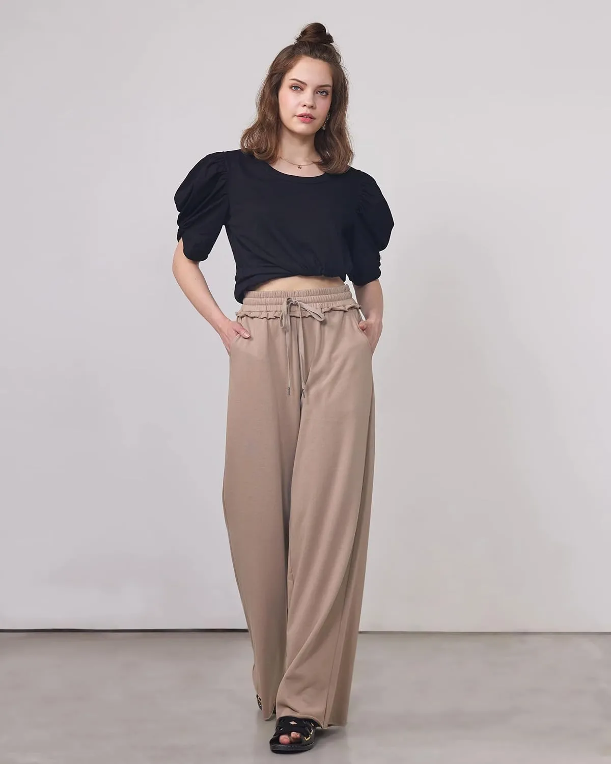 noflik Women's Skin-Friendly Cotton Elastic High Waisted Drawstring Wide Leg Fray Hem Sweatpants