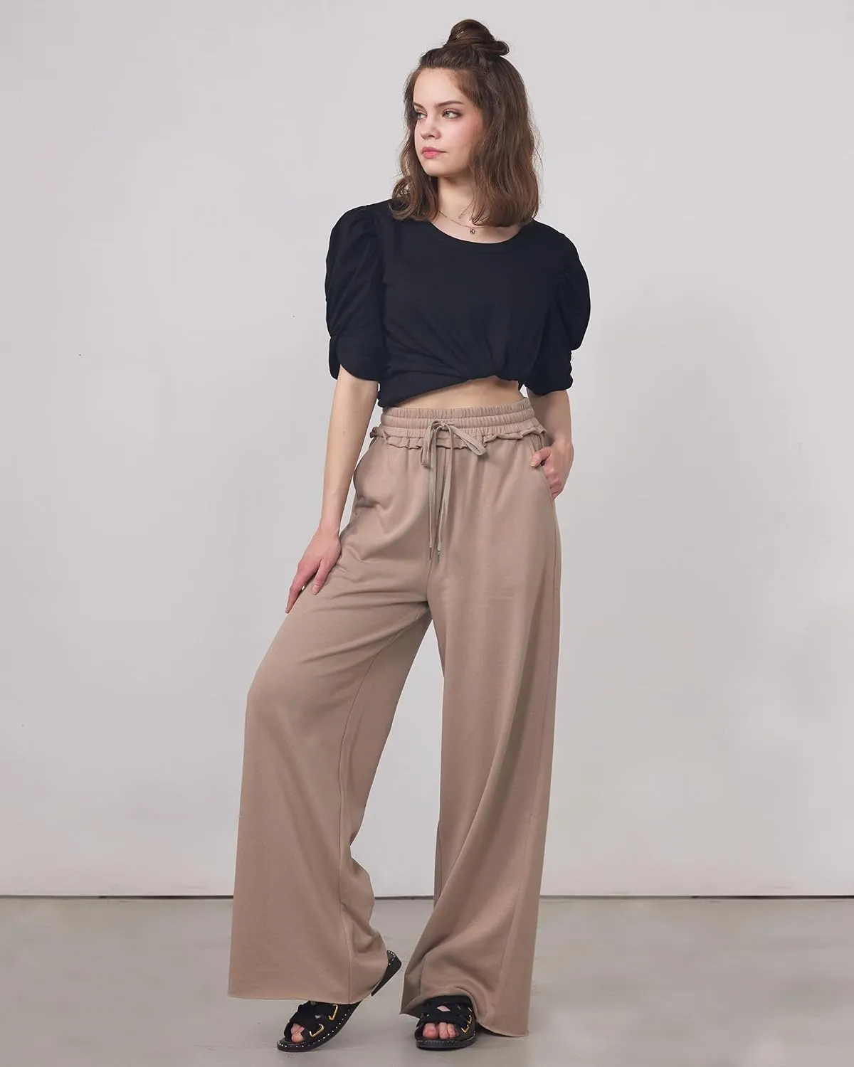noflik Women's Skin-Friendly Cotton Elastic High Waisted Drawstring Wide Leg Fray Hem Sweatpants
