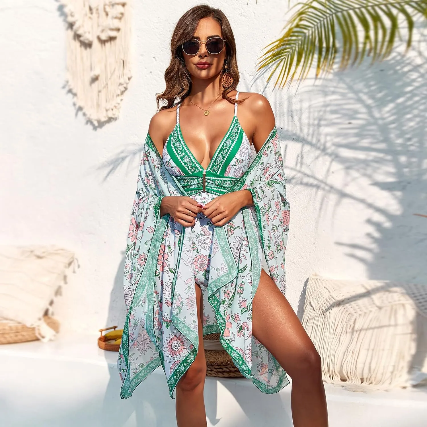 ODIZLI Women's Floral Print One Piece Bikini Swimsuit with Cover-Up Beachwear Outfits