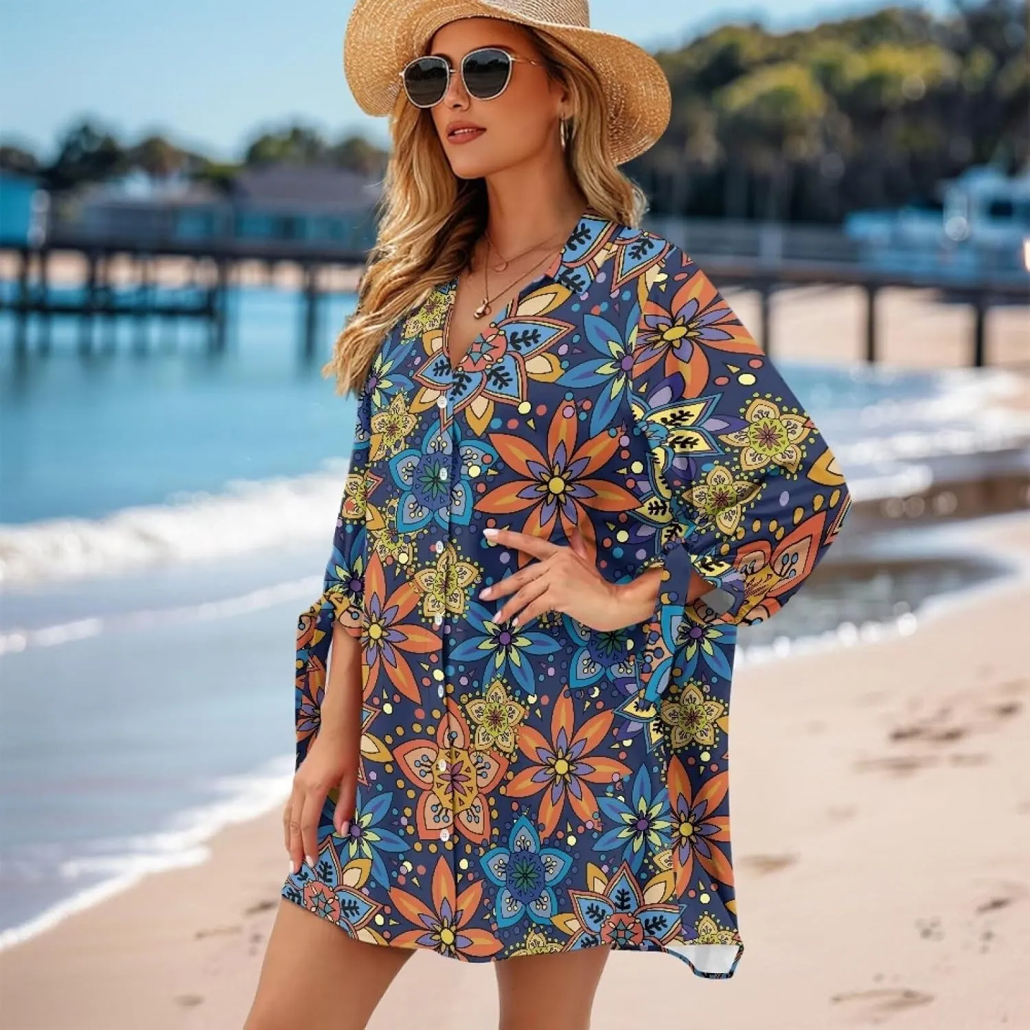 Oil Painting Printed Classic Hawaiian-Shirt Women's Casual Button Down 3/4 Sleeve Shirt Vacation Shirt