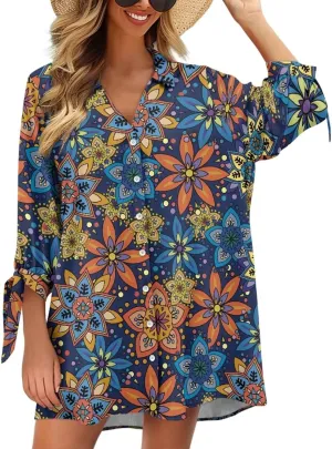 Oil Painting Printed Classic Hawaiian-Shirt Women's Casual Button Down 3/4 Sleeve Shirt Vacation Shirt