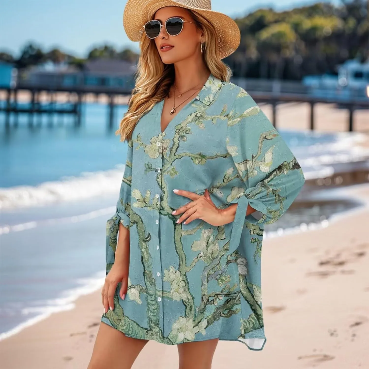 Oil Painting Printed Classic Hawaiian-Shirt Women's Casual Button Down 3/4 Sleeve Shirt Vacation Shirt