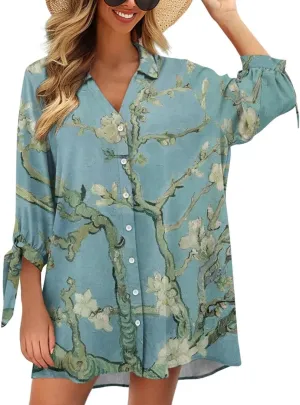 Oil Painting Printed Classic Hawaiian-Shirt Women's Casual Button Down 3/4 Sleeve Shirt Vacation Shirt