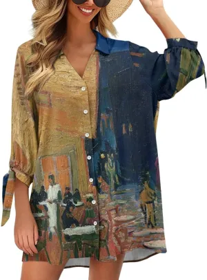 Oil Painting Printed Classic Hawaiian-Shirt Women's Casual Button Down 3/4 Sleeve Shirt Vacation Shirt