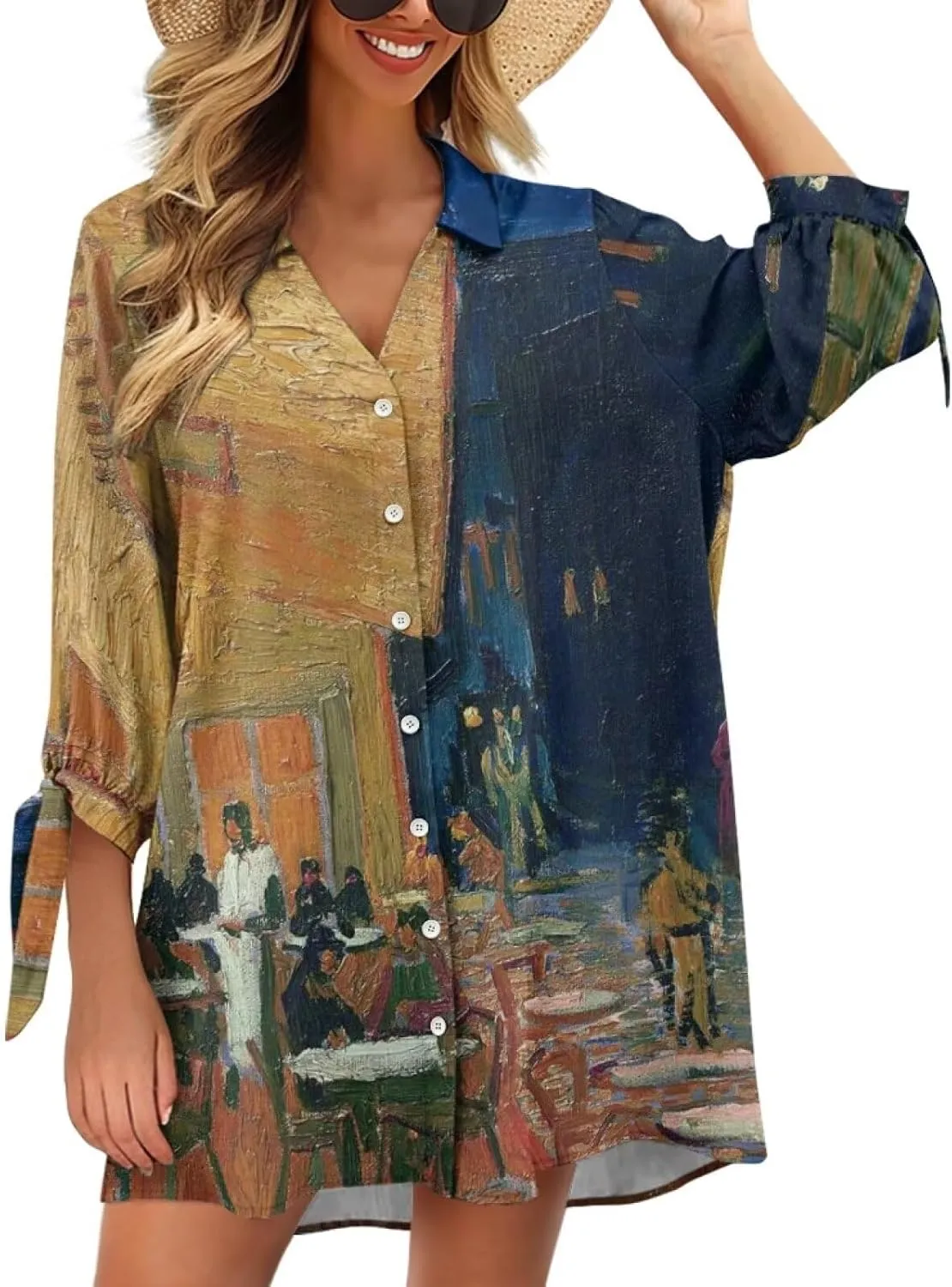 Oil Painting Printed Classic Hawaiian-Shirt Women's Casual Button Down 3/4 Sleeve Shirt Vacation Shirt