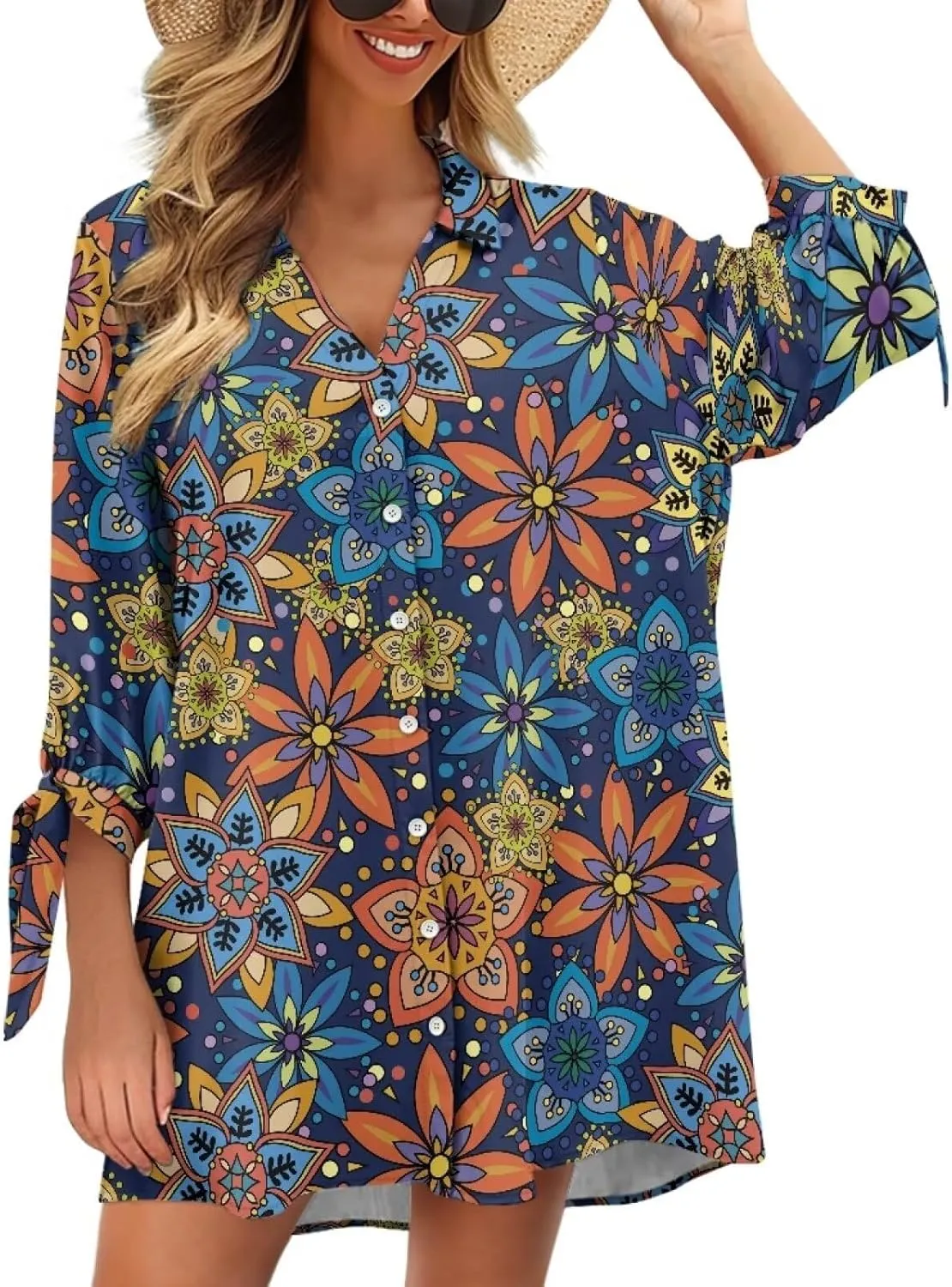 Oil Painting Printed Classic Hawaiian-Shirt Women's Casual Button Down 3/4 Sleeve Shirt Vacation Shirt