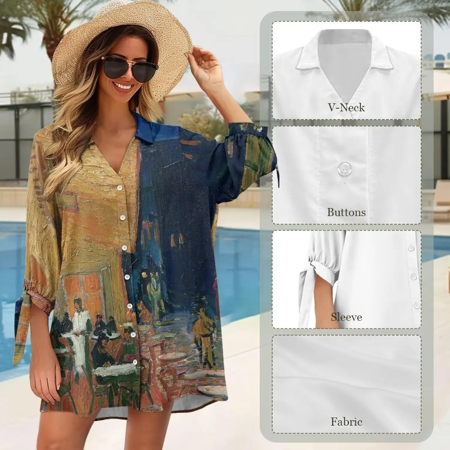 Oil Painting Printed Classic Hawaiian-Shirt Women's Casual Button Down 3/4 Sleeve Shirt Vacation Shirt