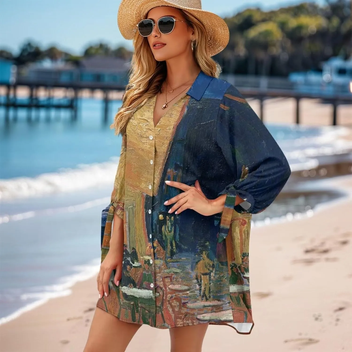 Oil Painting Printed Classic Hawaiian-Shirt Women's Casual Button Down 3/4 Sleeve Shirt Vacation Shirt