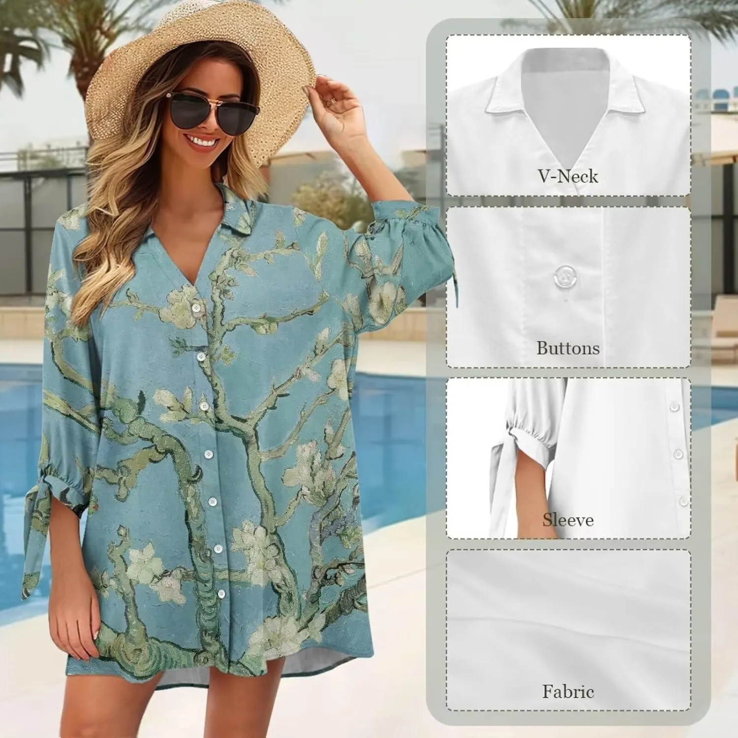 Oil Painting Printed Classic Hawaiian-Shirt Women's Casual Button Down 3/4 Sleeve Shirt Vacation Shirt