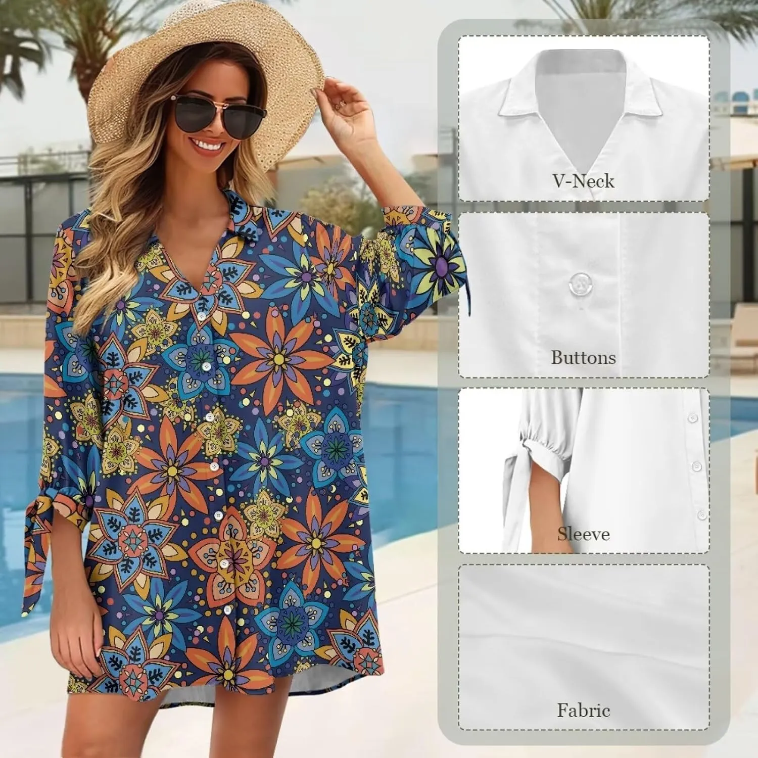Oil Painting Printed Classic Hawaiian-Shirt Women's Casual Button Down 3/4 Sleeve Shirt Vacation Shirt