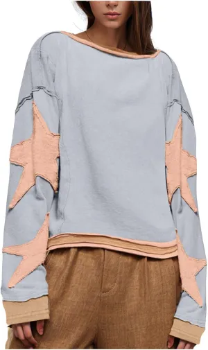 Oversized Star Graphic Sweatshirts for Women Crewneck Long Sleeve Casual Sweater Pullover Tops Drop Shoulder Shirt