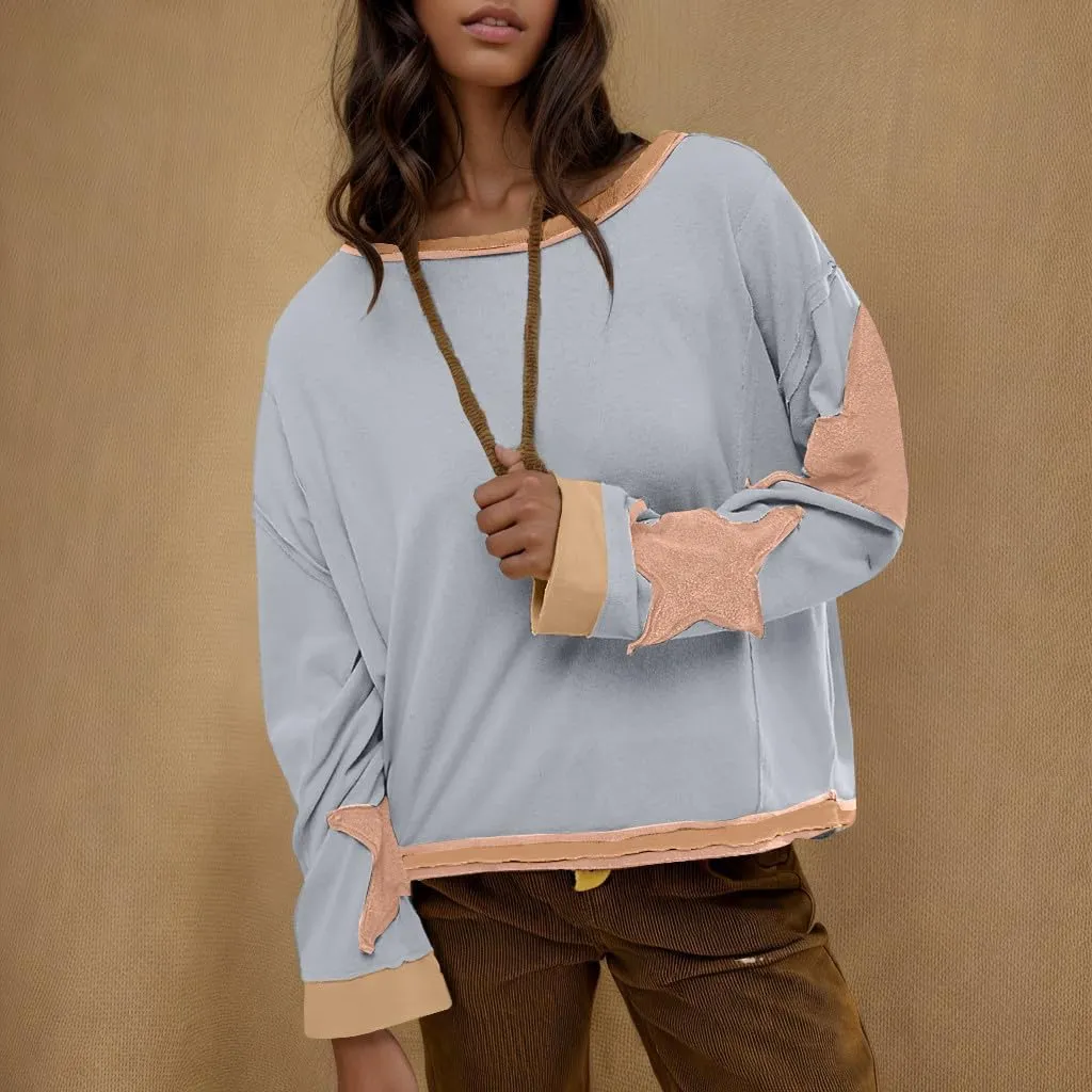 Oversized Star Graphic Sweatshirts for Women Crewneck Long Sleeve Casual Sweater Pullover Tops Drop Shoulder Shirt