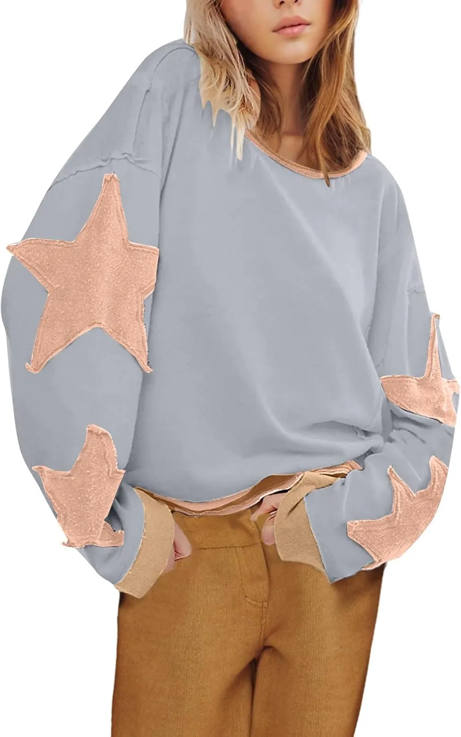 Oversized Star Graphic Sweatshirts for Women Crewneck Long Sleeve Casual Sweater Pullover Tops Drop Shoulder Shirt