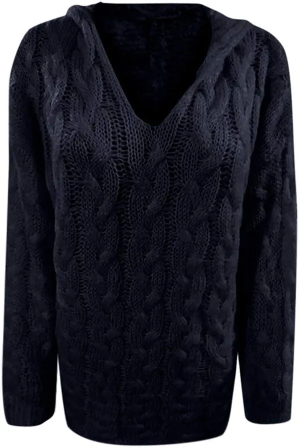 Oversized Sweater for Women, Fashion Chunky Cable Knit Hooded Sweaters Casual V Neck Hoodies Long Sleeve Pullover Tops