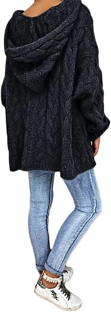 Oversized Sweater for Women, Fashion Chunky Cable Knit Hooded Sweaters Casual V Neck Hoodies Long Sleeve Pullover Tops