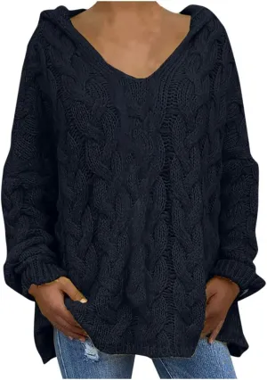 Oversized Sweater for Women, Fashion Chunky Cable Knit Hooded Sweaters Casual V Neck Hoodies Long Sleeve Pullover Tops