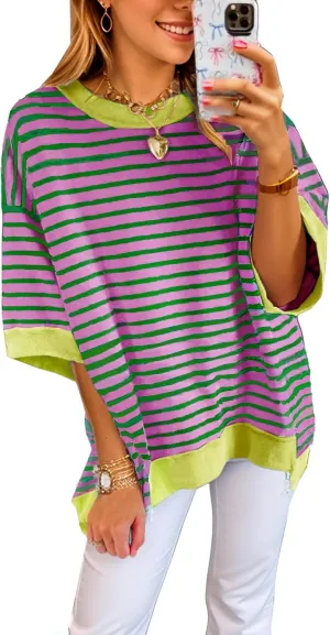 Oversized T Shirts for Women Casual Short Sleeve Striped Knit Shirt Crewneck Sweatshirts High Low Loose Blouse Tops