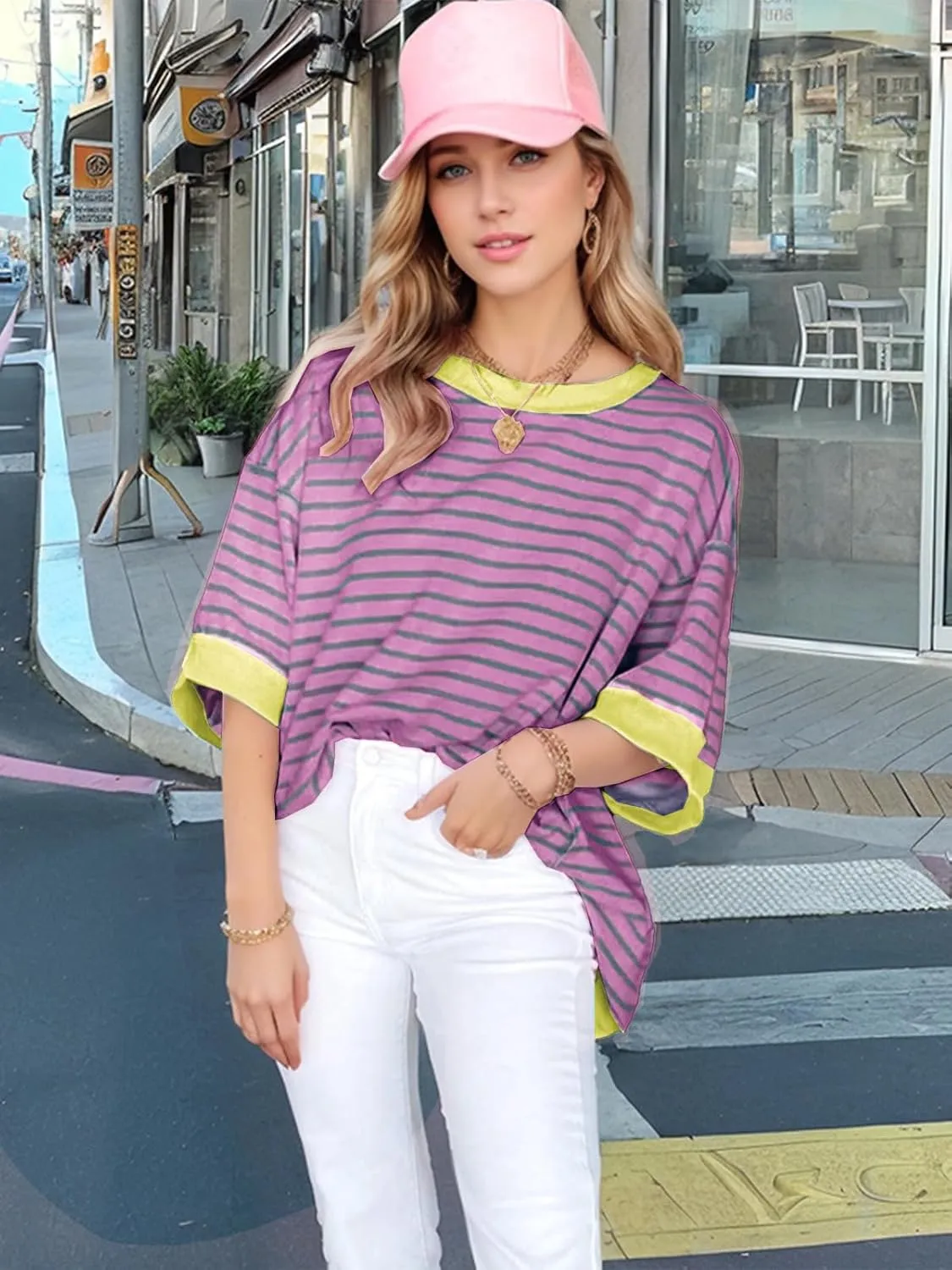 Oversized T Shirts for Women Casual Short Sleeve Striped Knit Shirt Crewneck Sweatshirts High Low Loose Blouse Tops