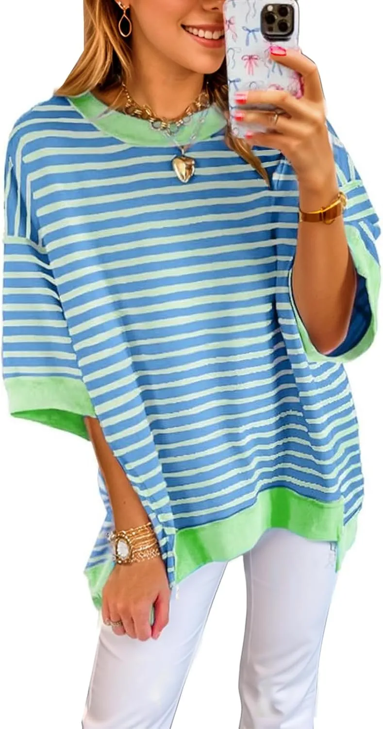 Oversized T Shirts for Women Casual Short Sleeve Striped Knit Shirt Crewneck Sweatshirts High Low Loose Blouse Tops