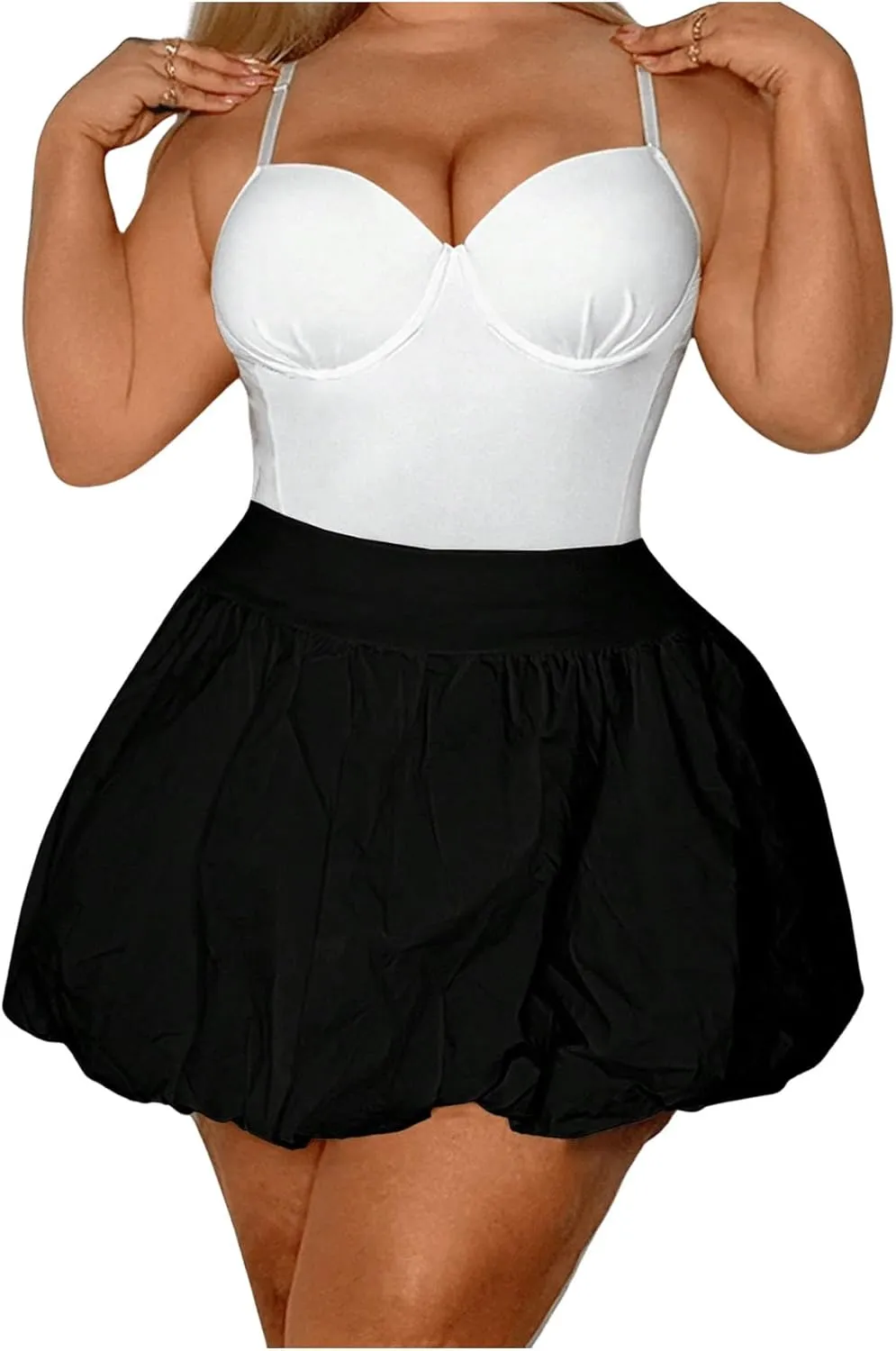 OYOANGLE Women's Plus Size High Waisted Bubble Skorts Y2K Ruffle Hem Puffy Skirt Shorts