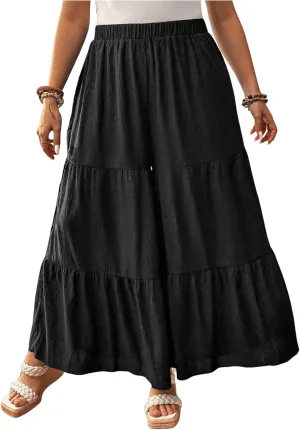 OYOANGLE Women's Plus Size Textured Wide Leg Pants Elastic Waist Ruffle Flowy Palazzo Trousers