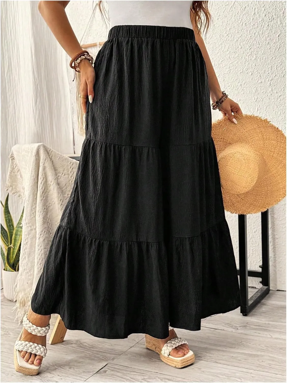 OYOANGLE Women's Plus Size Textured Wide Leg Pants Elastic Waist Ruffle Flowy Palazzo Trousers