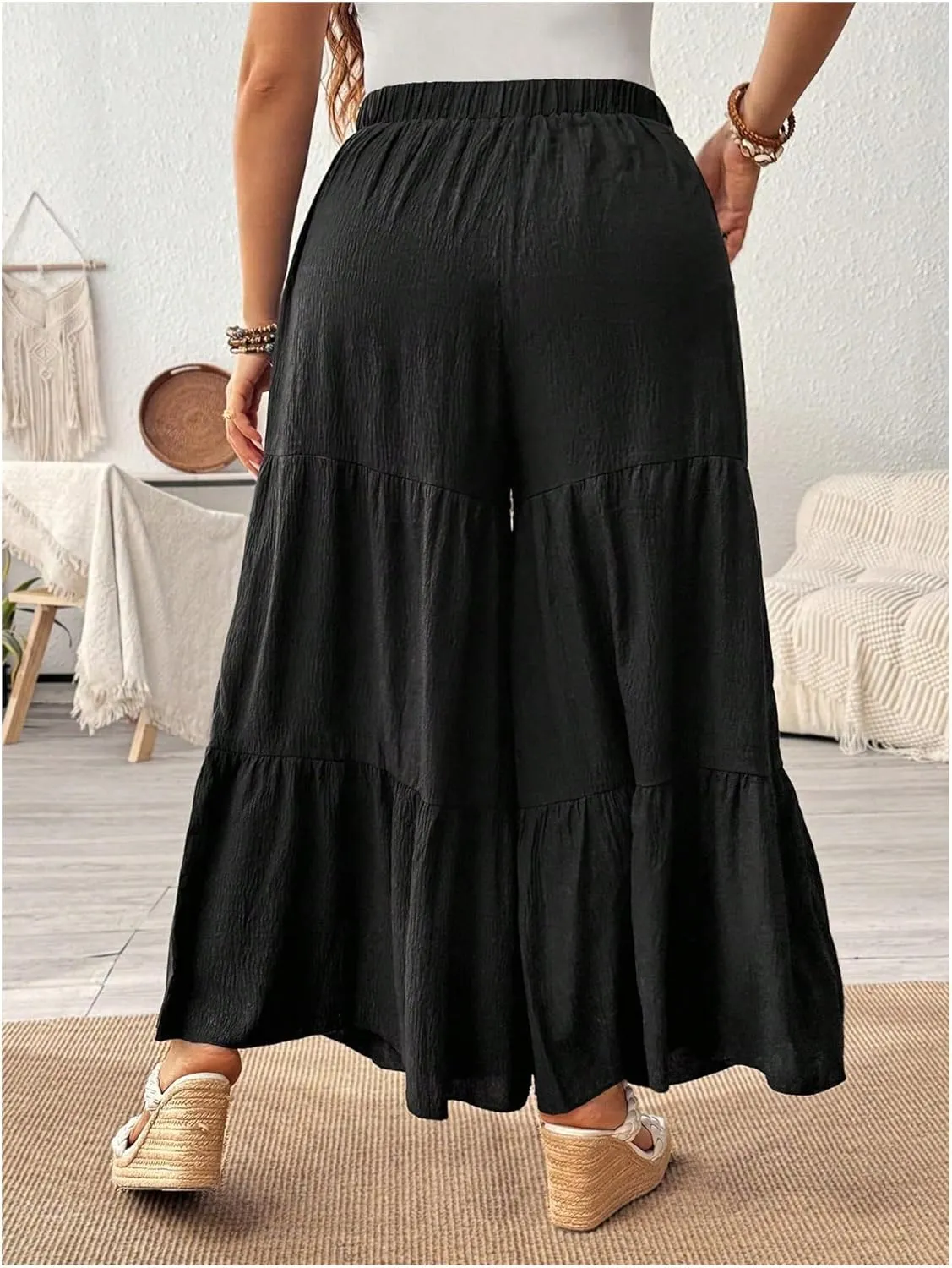 OYOANGLE Women's Plus Size Textured Wide Leg Pants Elastic Waist Ruffle Flowy Palazzo Trousers
