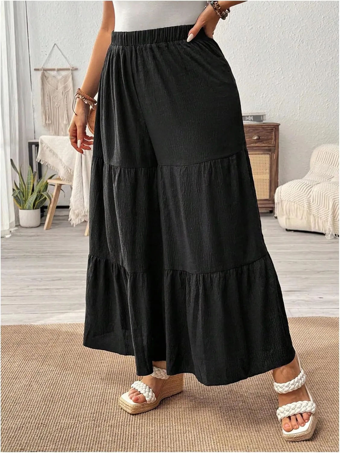 OYOANGLE Women's Plus Size Textured Wide Leg Pants Elastic Waist Ruffle Flowy Palazzo Trousers
