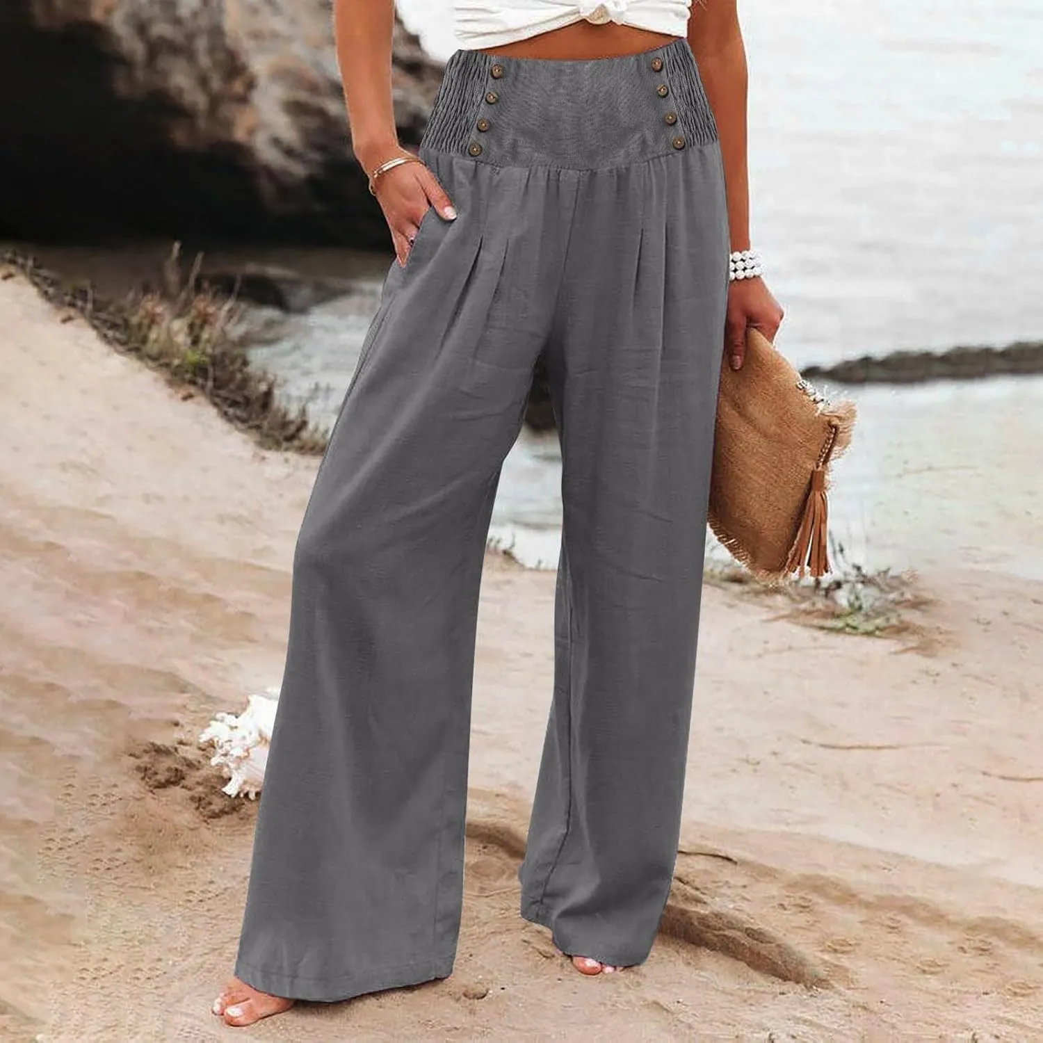 Palazzo Pants For Women Dressy Plus Size Linen Boho Wide Leg Soft Sweapants 2024 Summer Beach Travel Lounge Trouser