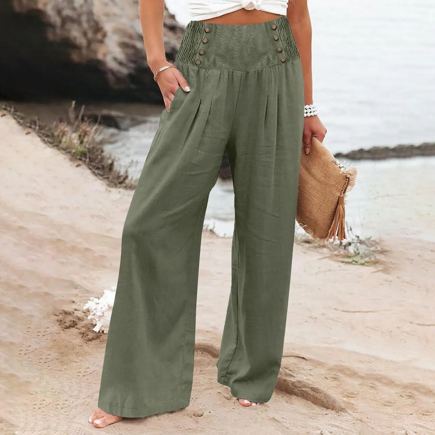 Palazzo Pants For Women Dressy Plus Size Linen Boho Wide Leg Soft Sweapants 2024 Summer Beach Travel Lounge Trouser