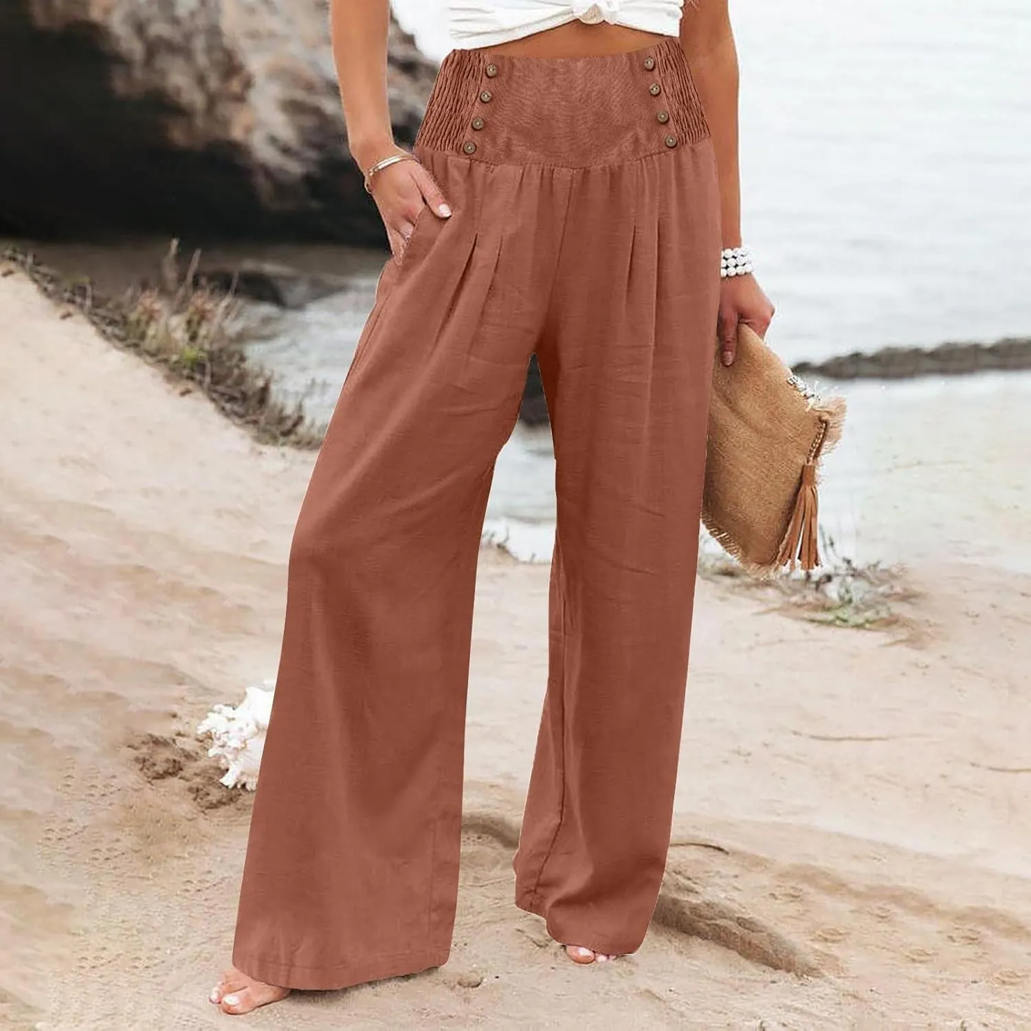 Palazzo Pants For Women Dressy Plus Size Linen Boho Wide Leg Soft Sweapants 2024 Summer Beach Travel Lounge Trouser
