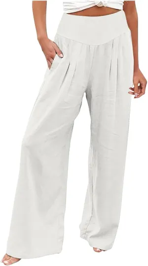 Palazzo Pants For Women Dressy Plus Size Linen Boho Wide Leg Soft Sweapants 2024 Summer Beach Travel Lounge Trouser