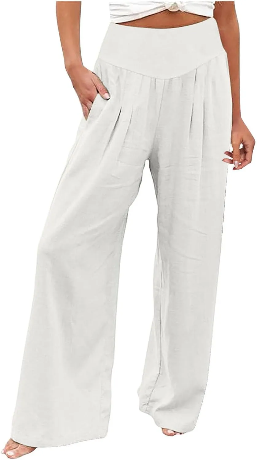 Palazzo Pants For Women Dressy Plus Size Linen Boho Wide Leg Soft Sweapants 2024 Summer Beach Travel Lounge Trouser