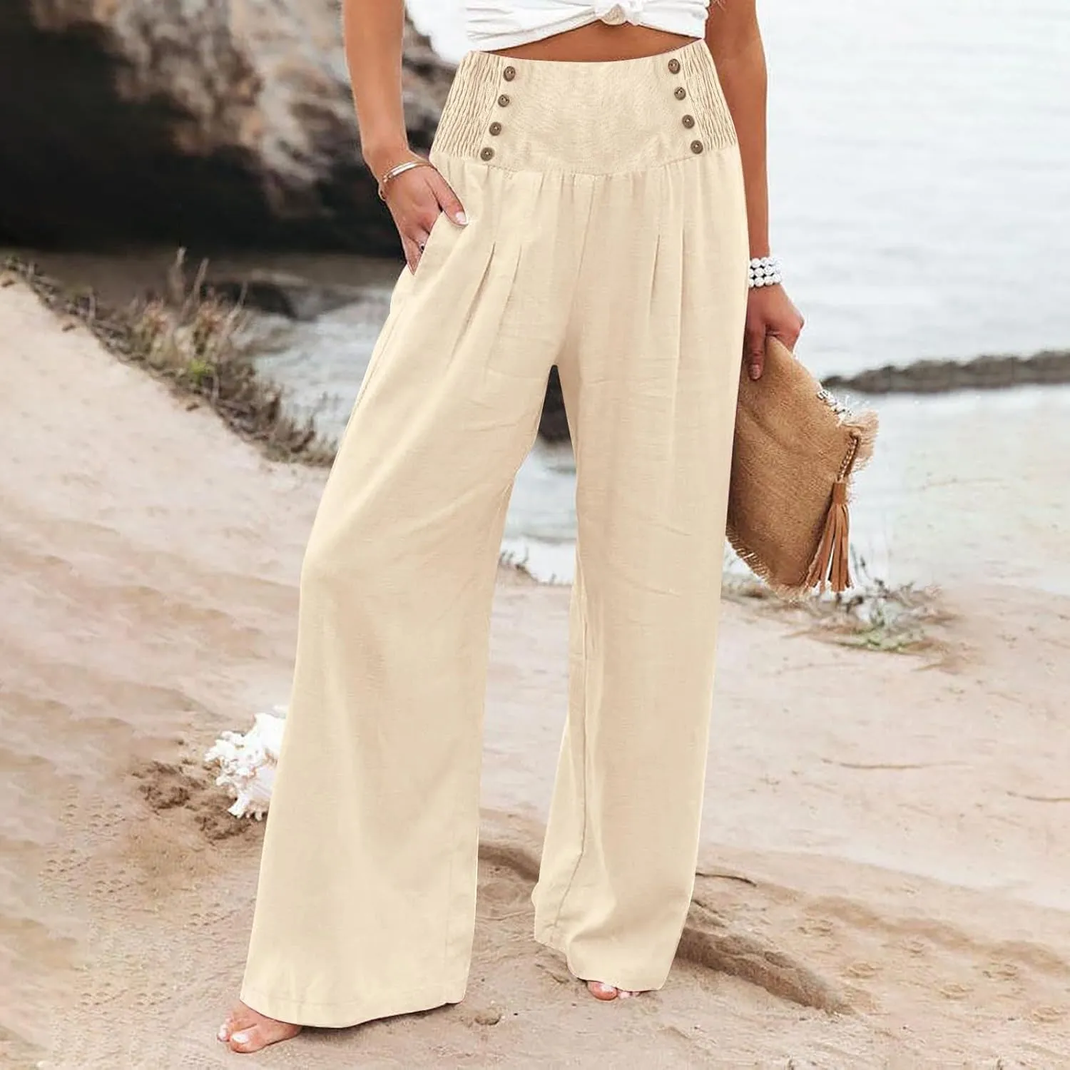 Palazzo Pants For Women Dressy Plus Size Linen Boho Wide Leg Soft Sweapants 2024 Summer Beach Travel Lounge Trouser