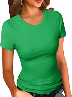 PALINDA Women's Crew Neck Ribbed Fitted Shirt Basic Short Sleeves Summer T Shirt Tops