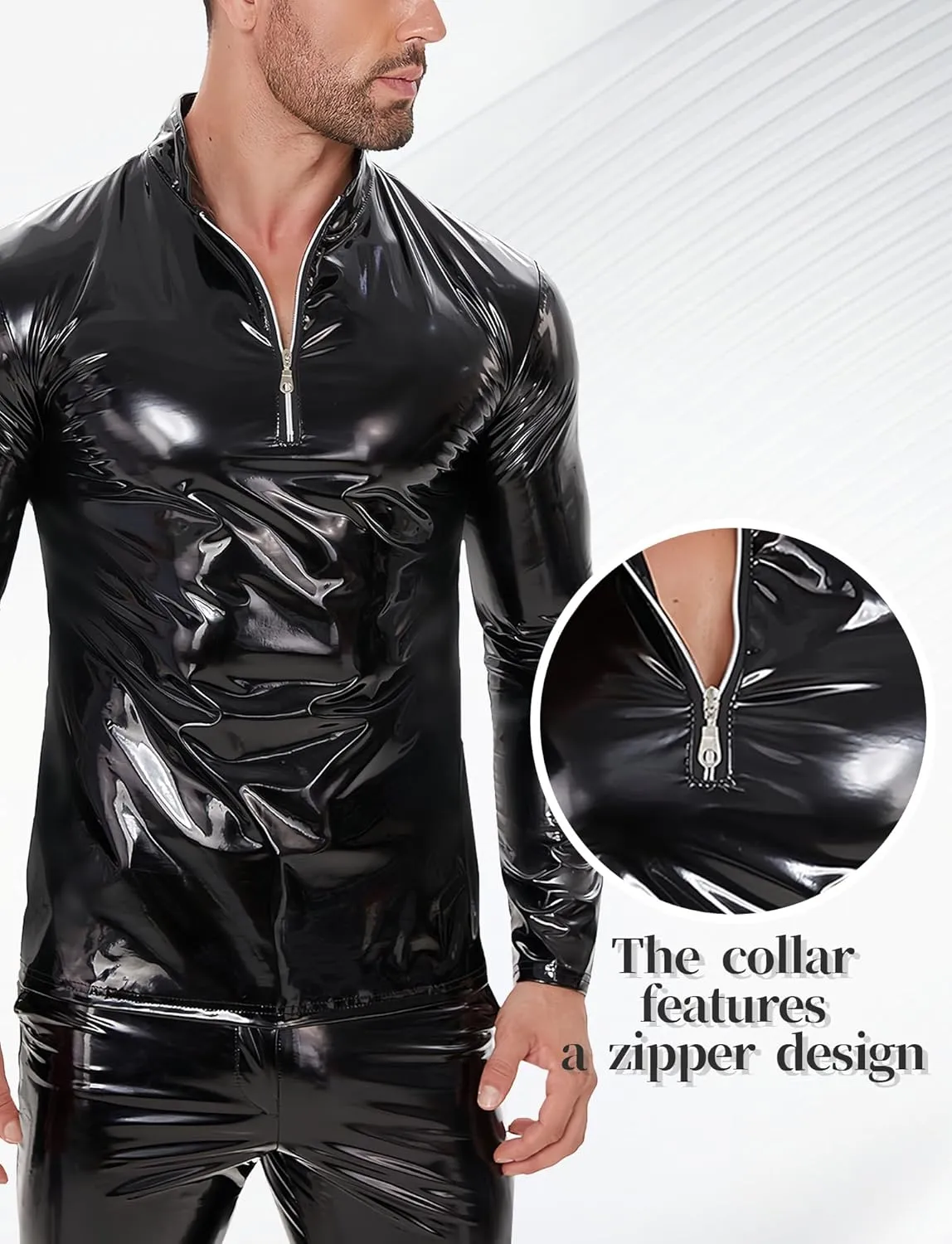 Panegy Men's Liquid Shiny Leather Shirt Jacket Slim Fit Wetlook Party Nightout Club 70s/80s Disco Blouse Tshirt