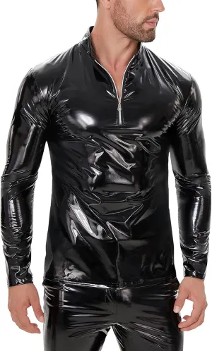 Panegy Men's Liquid Shiny Leather Shirt Jacket Slim Fit Wetlook Party Nightout Club 70s/80s Disco Blouse Tshirt
