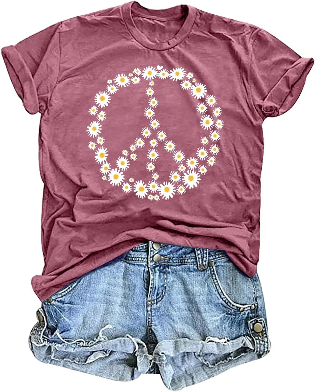 Peace Sign Love T-Shirt for Women Flower Graphic Shirt Hippie Short Sleeve 60s 70s Shirt Inspirational Tee Tops