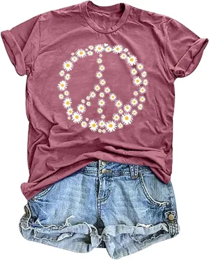 Peace Sign Love T-Shirt for Women Flower Graphic Shirt Hippie Short Sleeve 60s 70s Shirt Inspirational Tee Tops