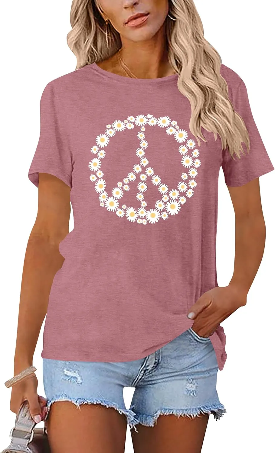 Peace Sign Love T-Shirt for Women Flower Graphic Shirt Hippie Short Sleeve 60s 70s Shirt Inspirational Tee Tops