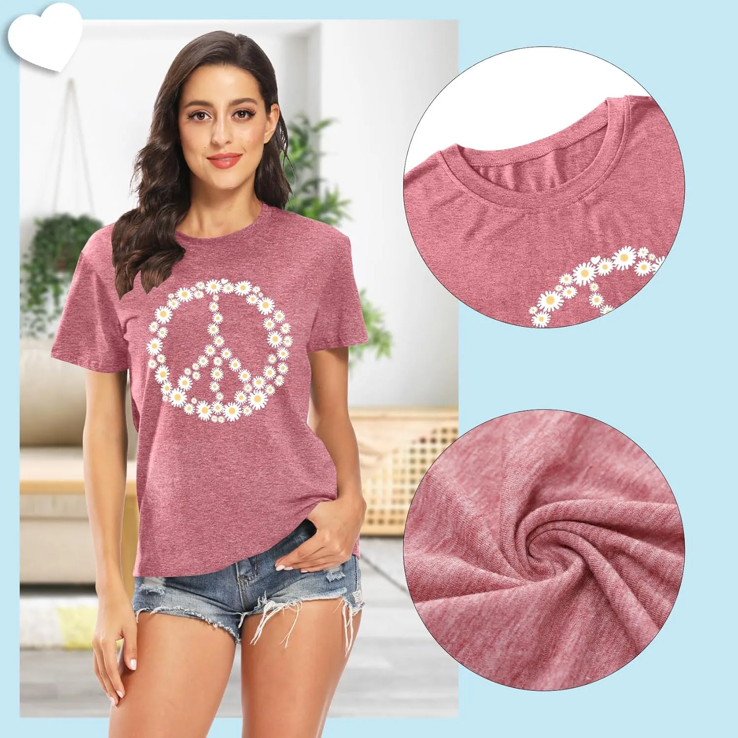 Peace Sign Love T-Shirt for Women Flower Graphic Shirt Hippie Short Sleeve 60s 70s Shirt Inspirational Tee Tops