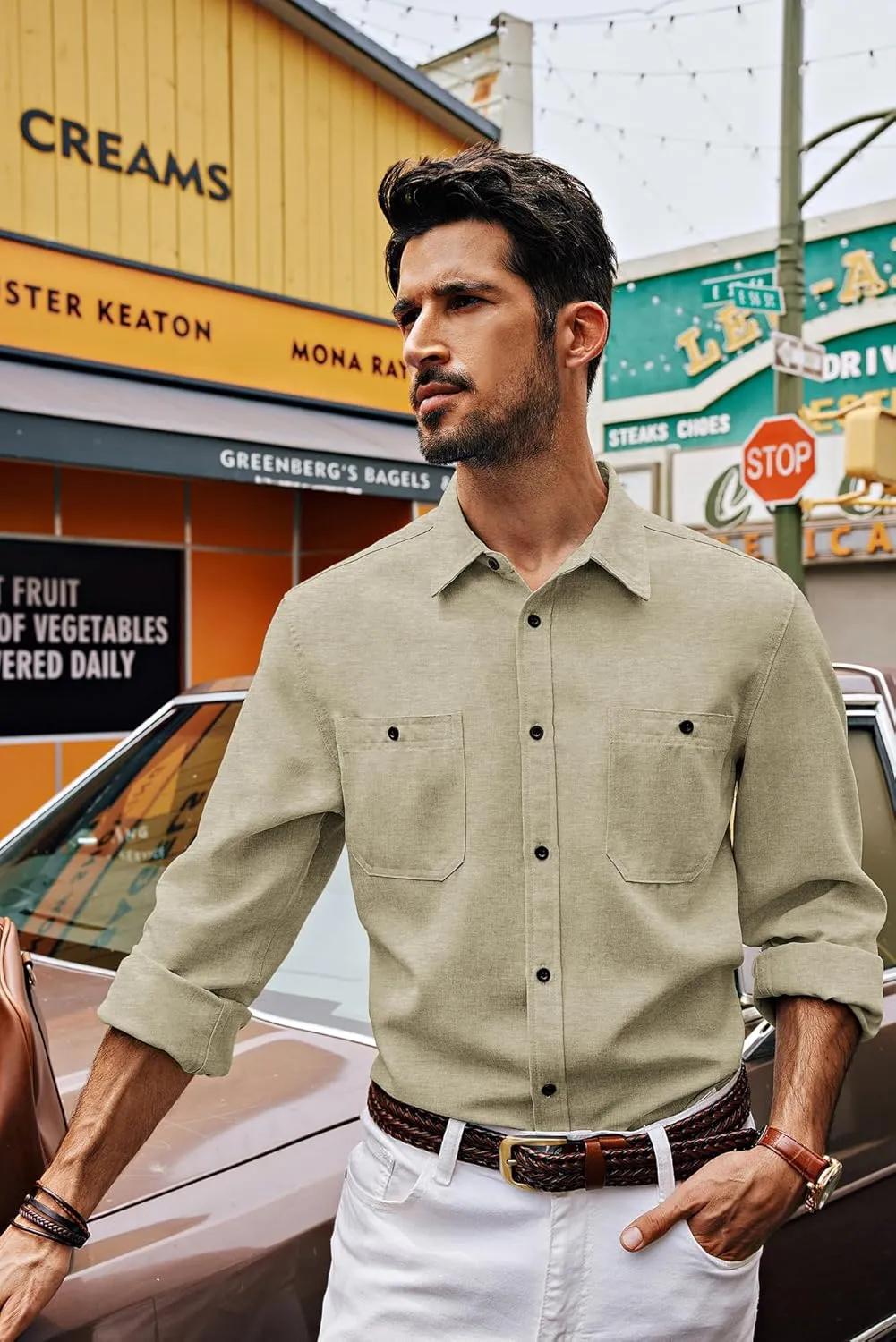 PJ PAUL JONES Men's Button up Shirt Casual Long Sleeve Shirt Wrinkle Free Beach Shirt with Pockets