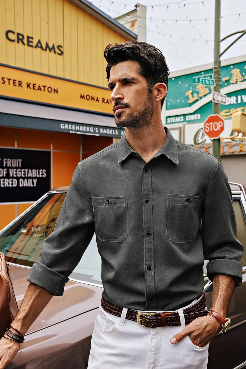 PJ PAUL JONES Men's Button up Shirt Casual Long Sleeve Shirt Wrinkle Free Beach Shirt with Pockets
