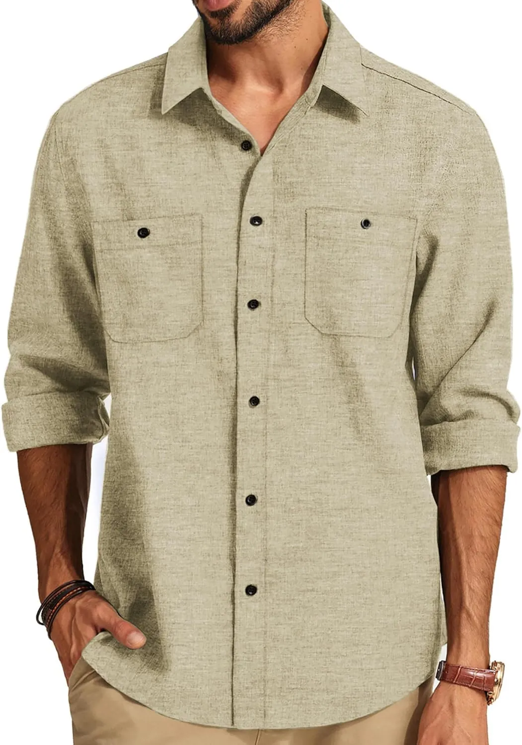 PJ PAUL JONES Men's Button up Shirt Casual Long Sleeve Shirt Wrinkle Free Beach Shirt with Pockets