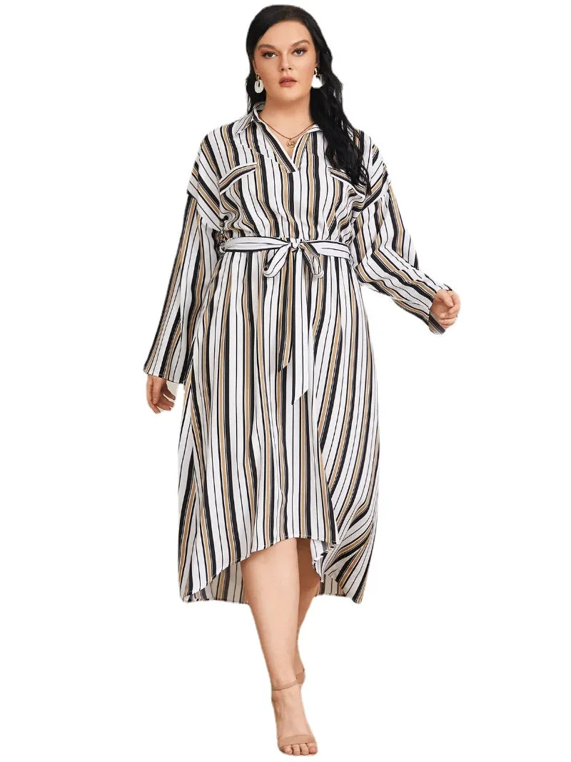 Plus Size Lapel Collar Striped Belt Design Long Sleeves Dress