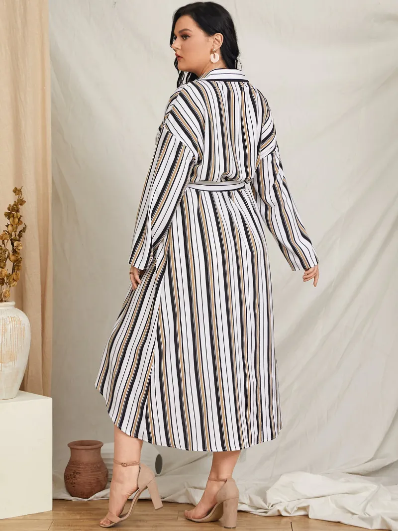 Plus Size Lapel Collar Striped Belt Design Long Sleeves Dress