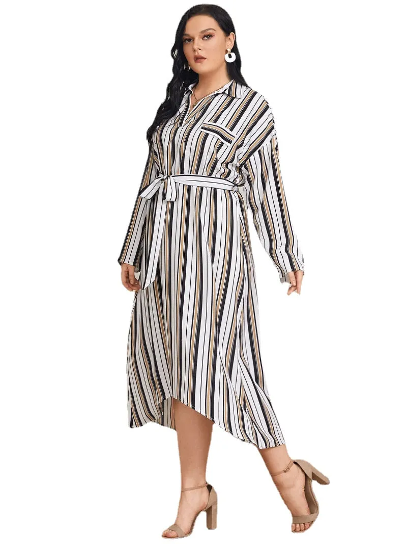Plus Size Lapel Collar Striped Belt Design Long Sleeves Dress