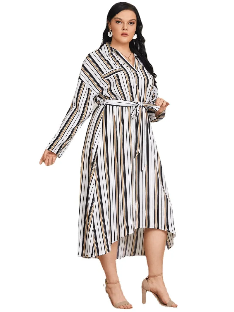 Plus Size Lapel Collar Striped Belt Design Long Sleeves Dress